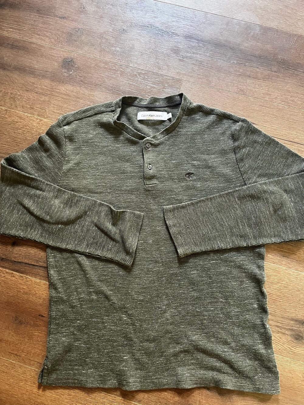 Calvin Klein Jeans Men’s L Olive Green Waffle Knit Henley Thermal CK Logo